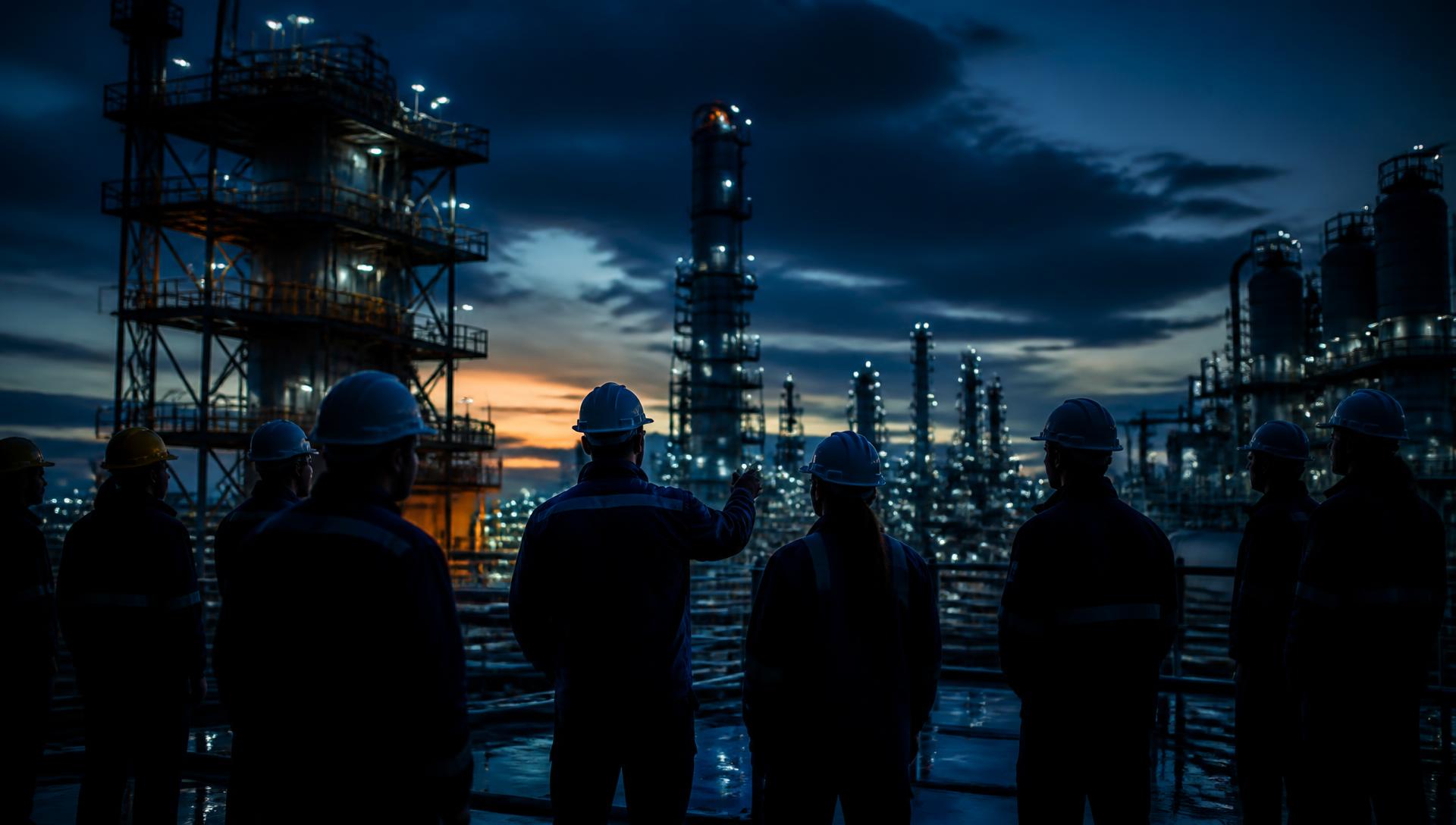 Professional industrial team at an industrial plant at dusk